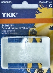 Druckknöpfe zum Annähen, 7mm, YKK, transparent, Karte á 24 Stück