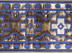 Jacquardborte, 50mm breit, blau mit gold, 25m Karte, beidseitig verwendbar