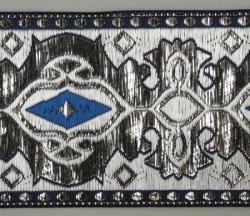 Jacquardborte, 48mm breit, silber mit blau, 25m Karte