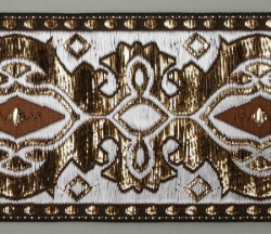 Jacquardborte, 48mm breit, gold mit weiß, 25m Karte