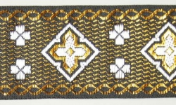 Jacquardborte, 32mm breit, gold mit weiß, 25m Karte