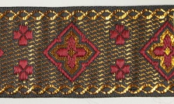 Jacquardborte, 32mm breit, gold mit bordeaux, 25m Karte