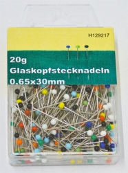 Glaskopfstecknadeln, Multicolor, No. 9, 20g Dose, 0,65 x 30mm, ca. 180 Stück