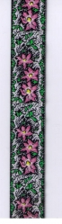 Band, 20mm breit, gewebt, Blumen, Weiss - Rosa- Grün - Schwarz, 50 Meter Rolle