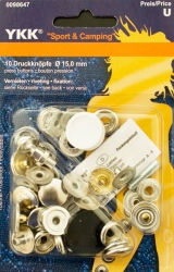Druckknöpfe, YKK, Nähfrei, Sport & Camping, 15mm, Silber, 10 Stück Packung